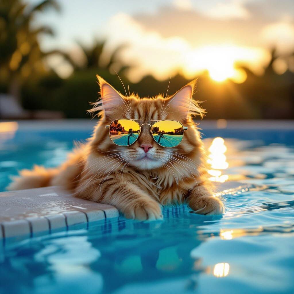 Fluffy Cat in Sunglasses Lounges by Pool at Golden Hour