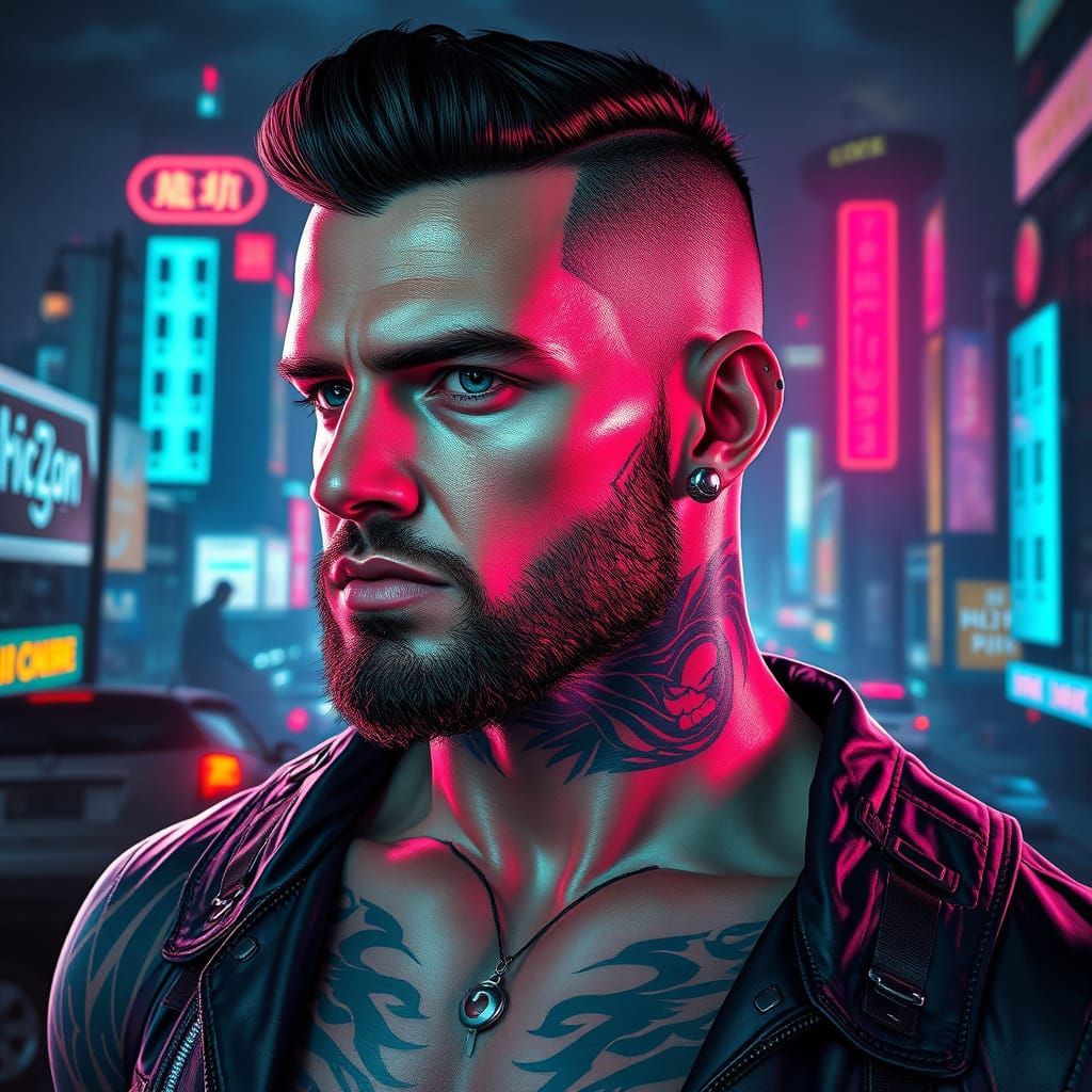 Cyberpunk Beefcake Portrait with Turquoise Neon