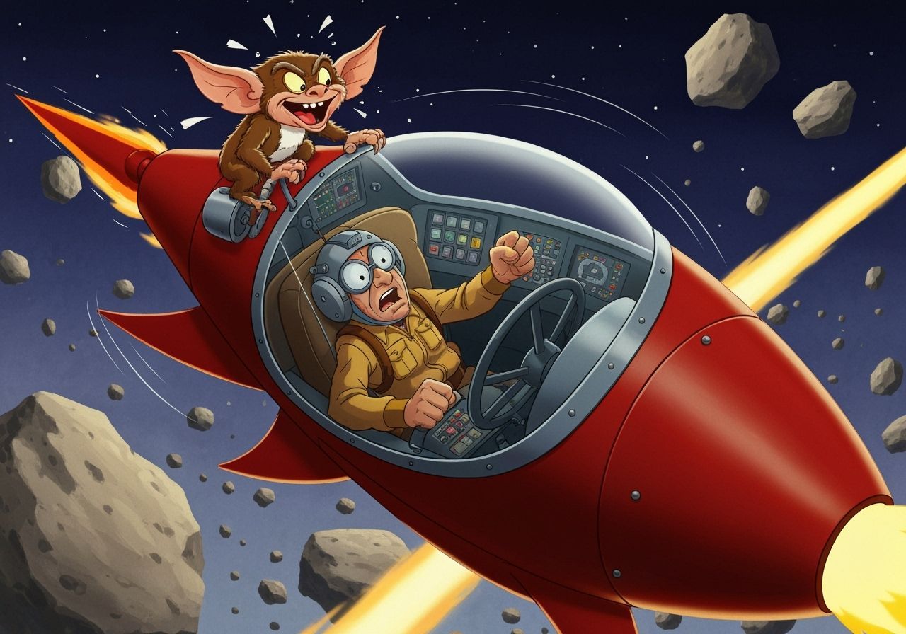 Gremlin perched atop a rocket ship