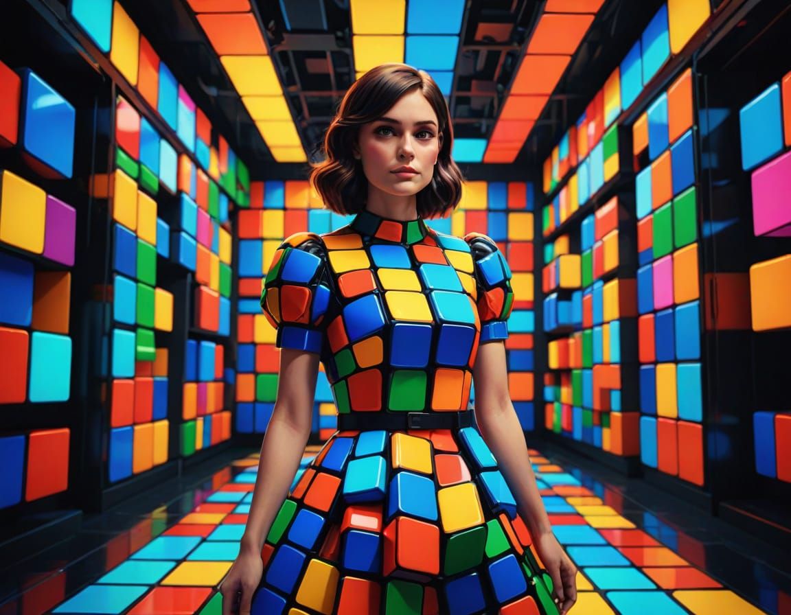 Futuristic Morgan Webb in a Neon Rubik's Cube Dress