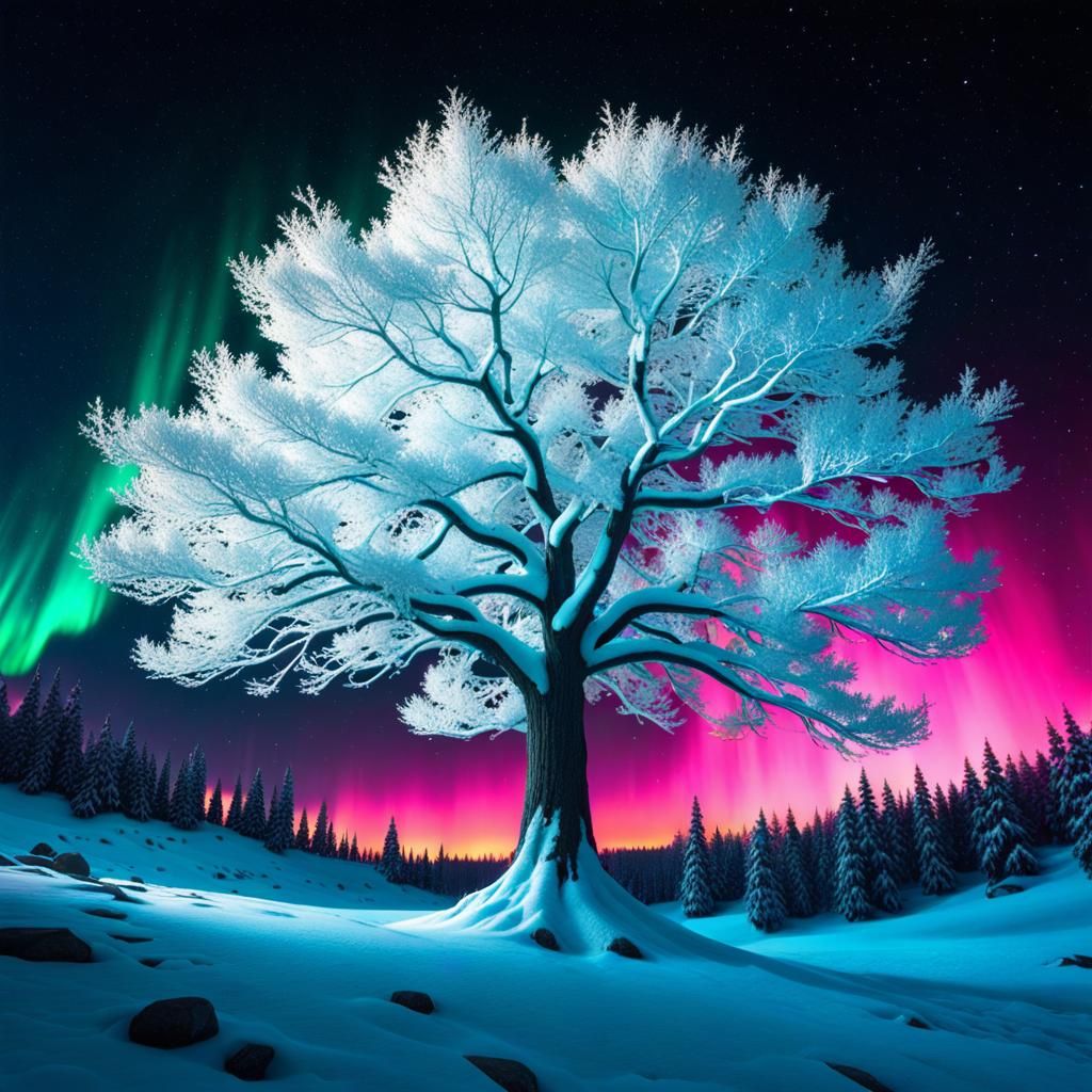 Bioluminescent Tree Emanating Light in Dreamlike Aura