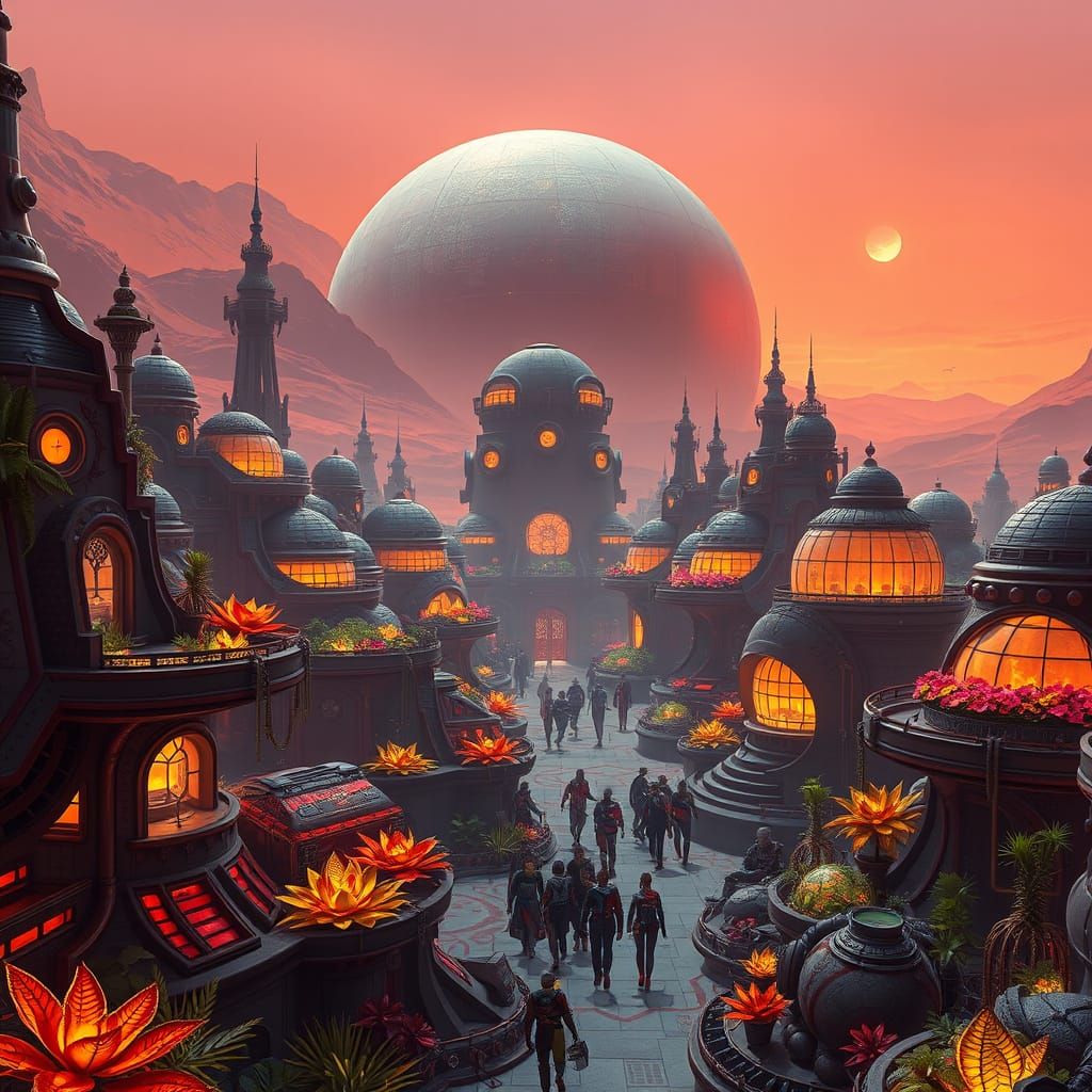 Futuristic Mars City Under Dome in Deep Fantastical Colors