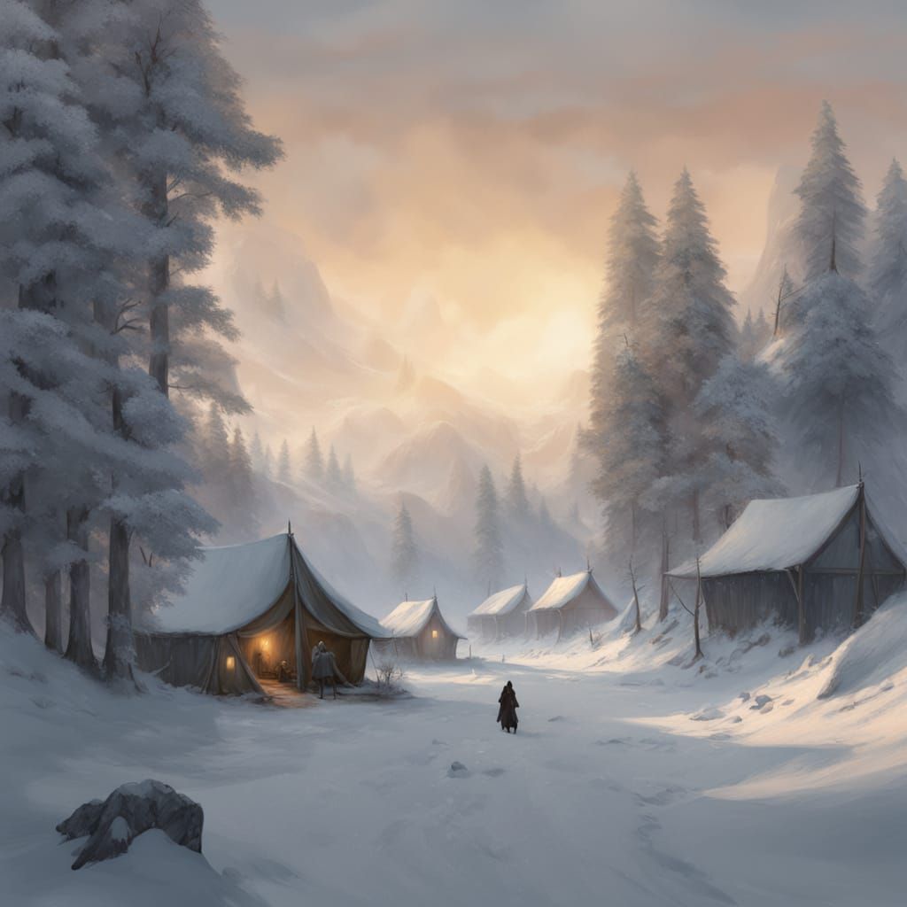 Snowy Winter Tent with Warm Golden Glow