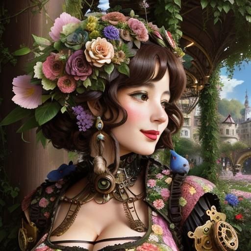 Steampunk Lady in a City, Surrounded by Whimsical Wonder