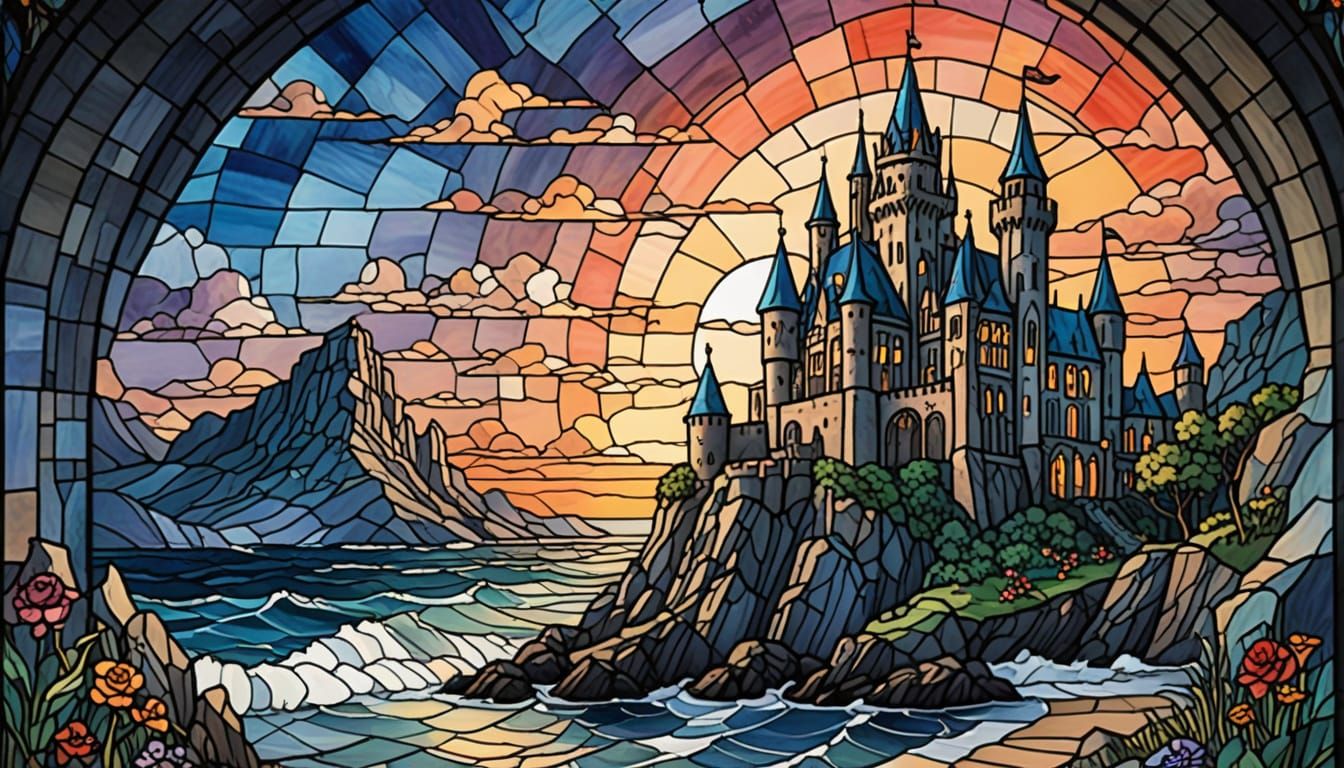 Medieval Castle with Stained Glass Skull in Hypermaximalist ...