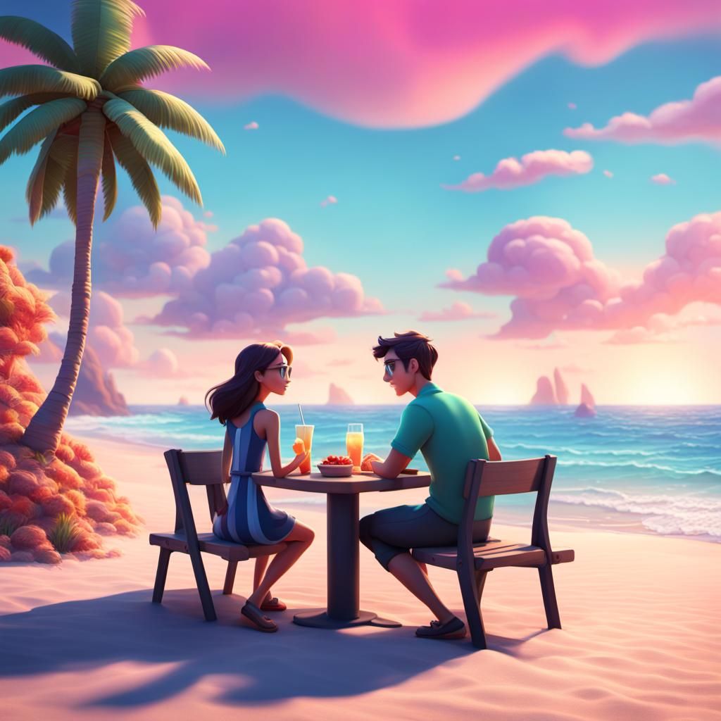 Beach Date: 3D Rendered Pixar-Style Scene