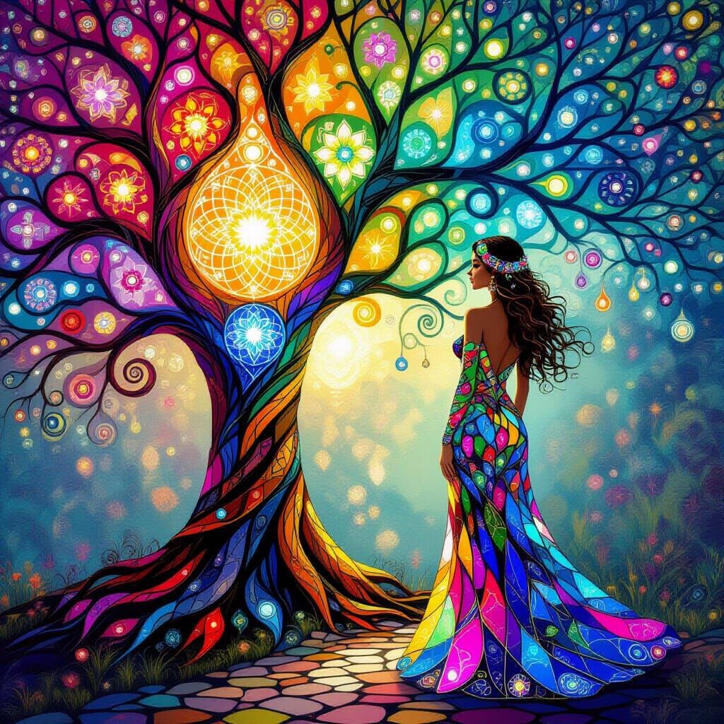 Psychedelic Tree of Life with Chakra Crystals and Mosaic Dre...