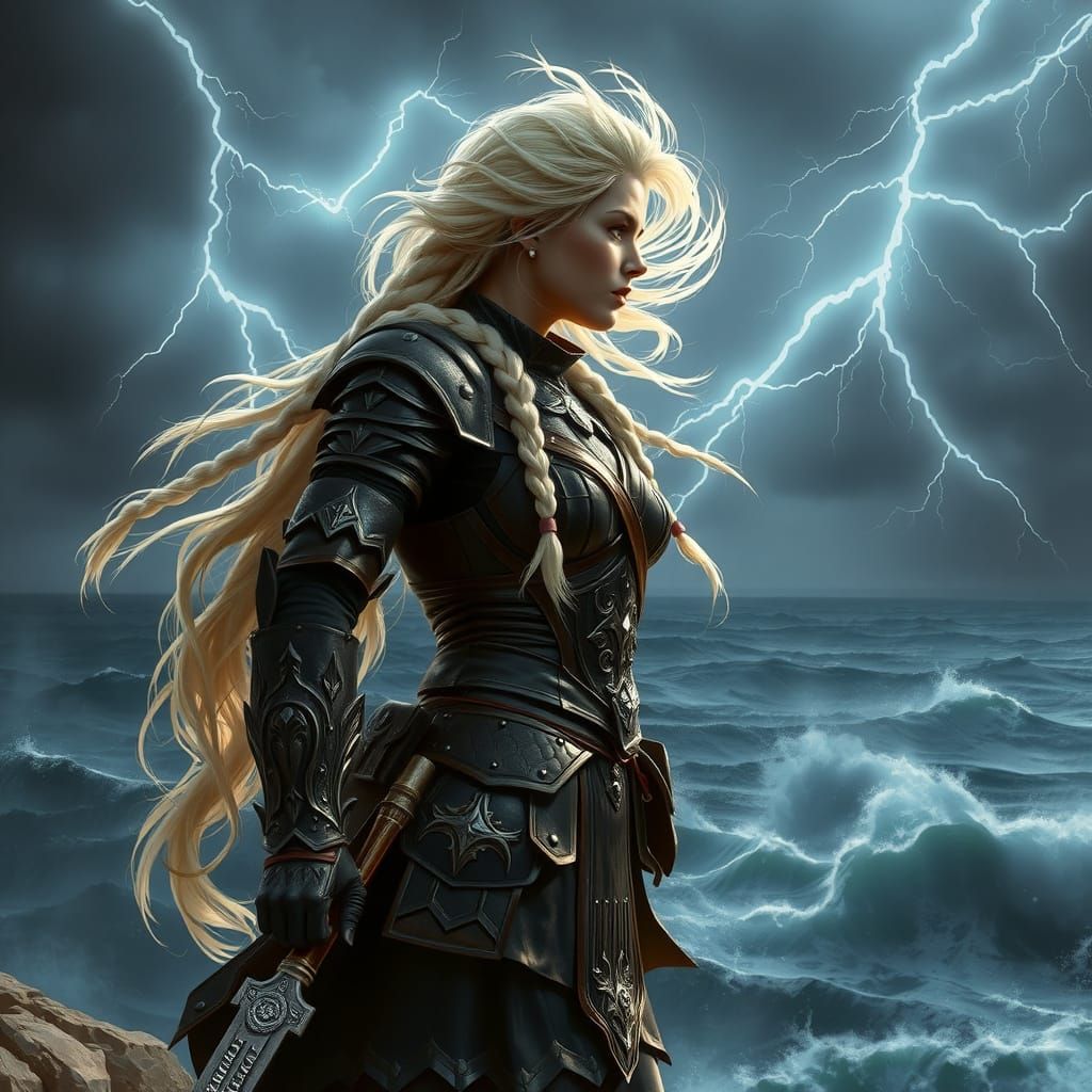 Valkyrie on Windswept Clifftop in Dark Fantasy Style