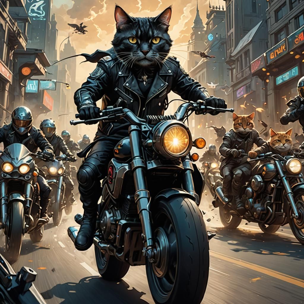 Cat on Military Motorcycle Race in Dark Fantasy Style