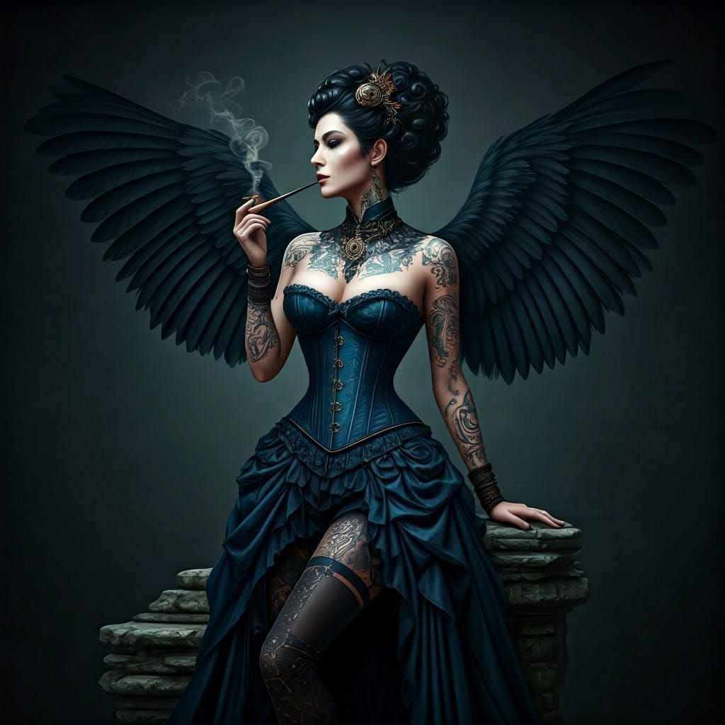 Steampunk Fairy with Raven Hair and Velvet Wings