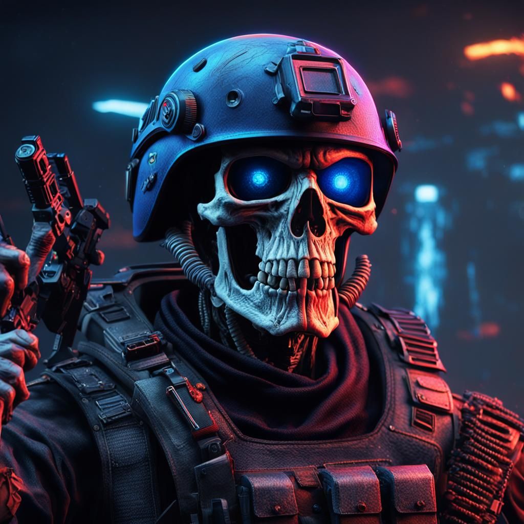 Cyberpunk Skeleton in Military Gear with Black Light