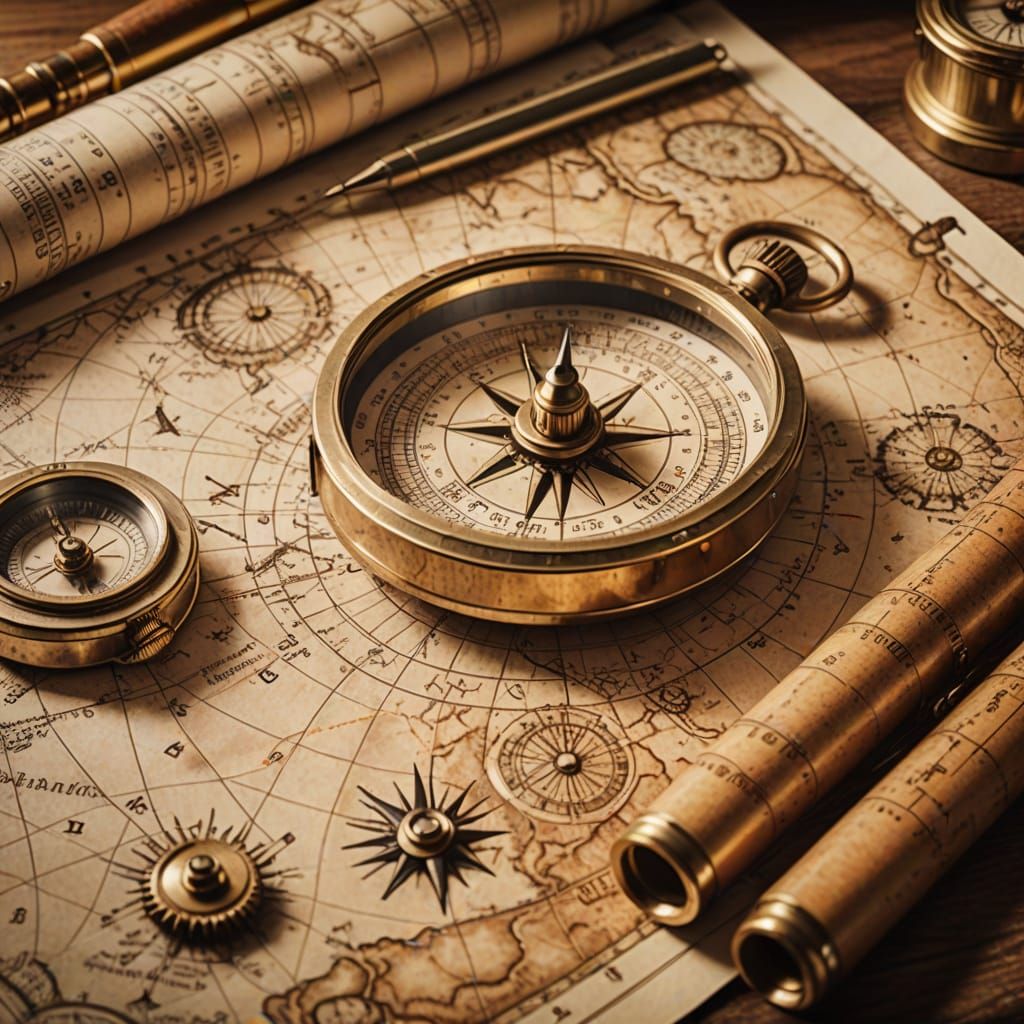 Vintage Cartography Map with Compass and Instruments