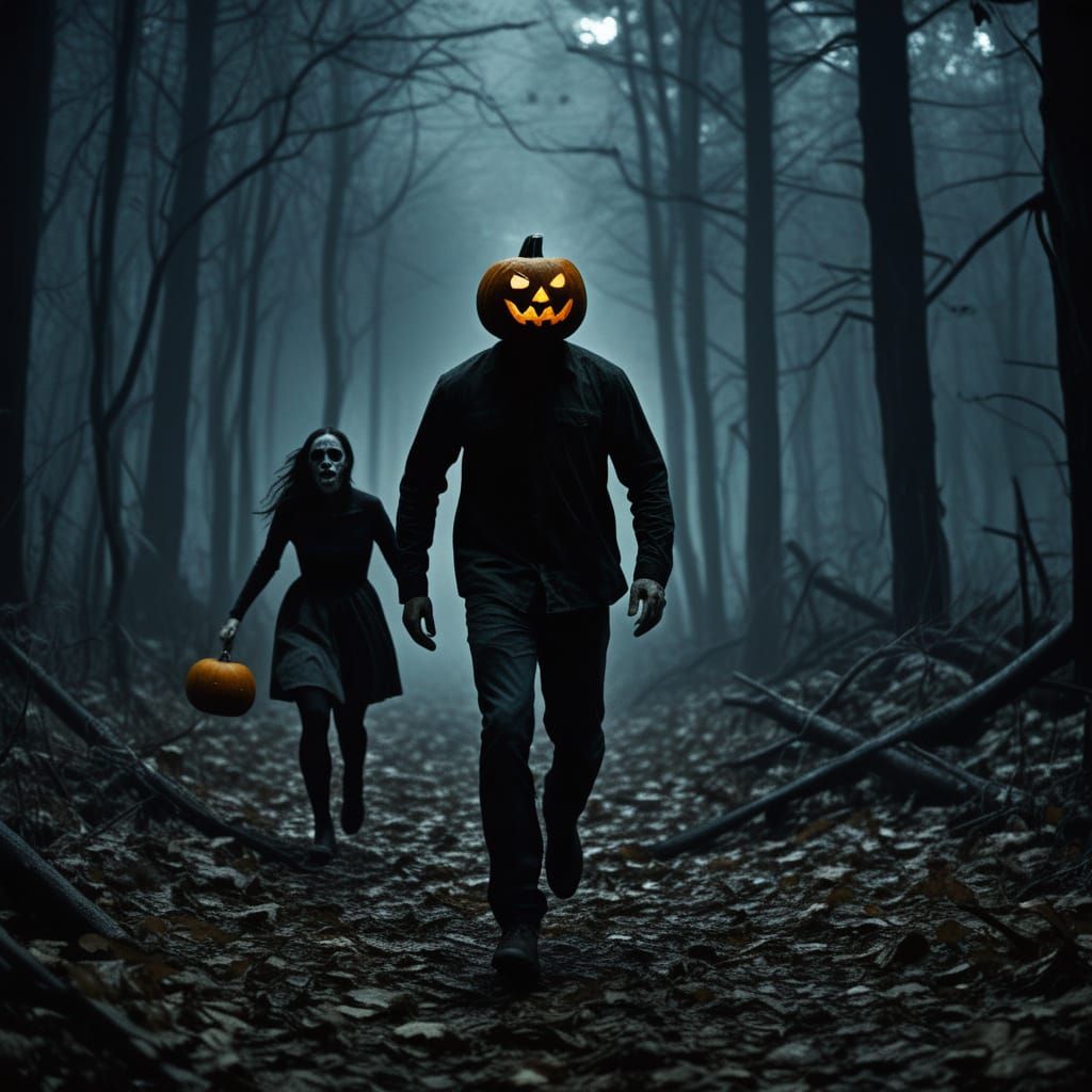 Horror Cinematic: Pumpkin Man Chases Frightened Girl