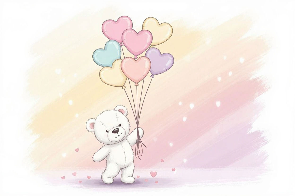 Dancing Teddy Bear with Balloons in Pastel Colors