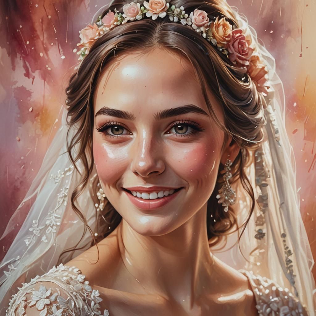 Radiant Bride with Rosy Cheeks: Hyperrealistic Splash Art