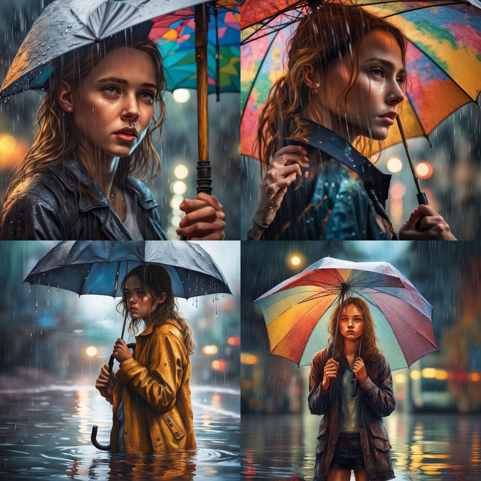 Girl with Umbrella Reflected in Rainy Water