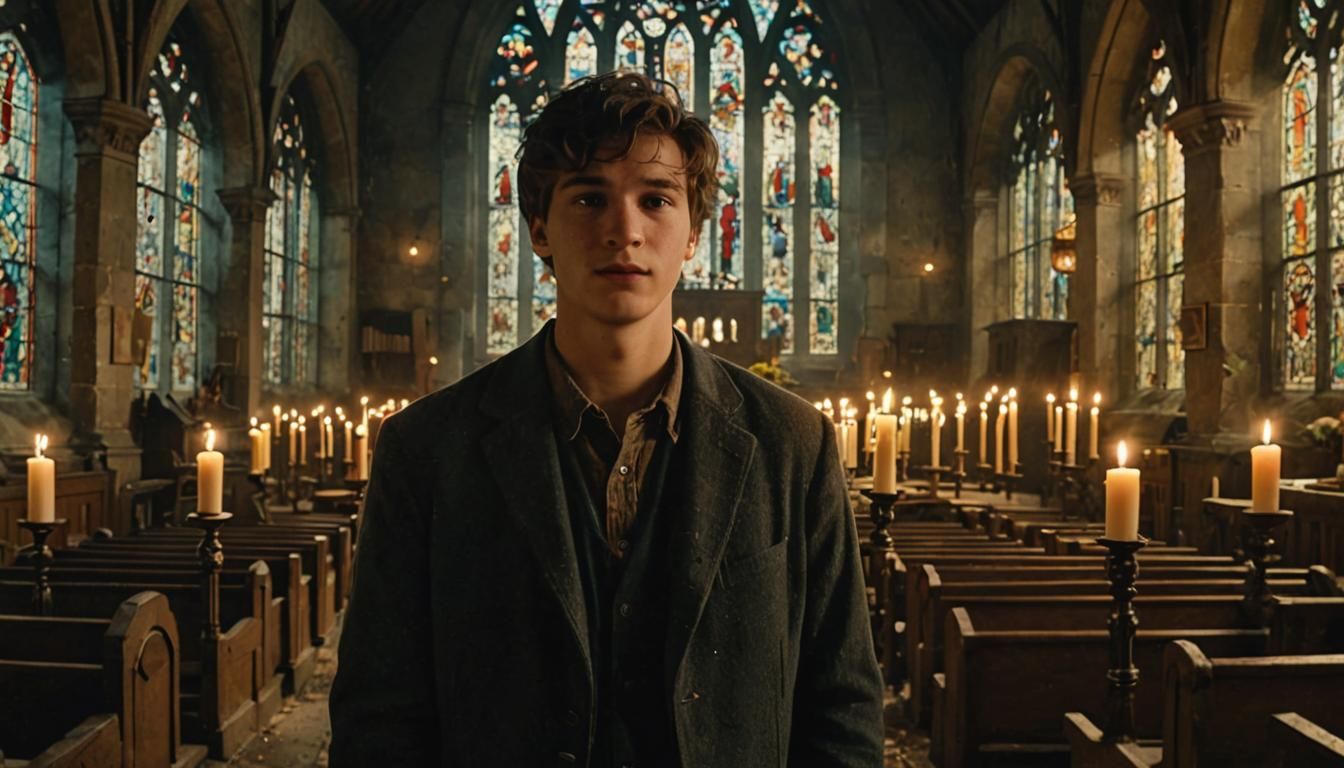 Cinematic Image of Augustus Waters in Abandoned Church
