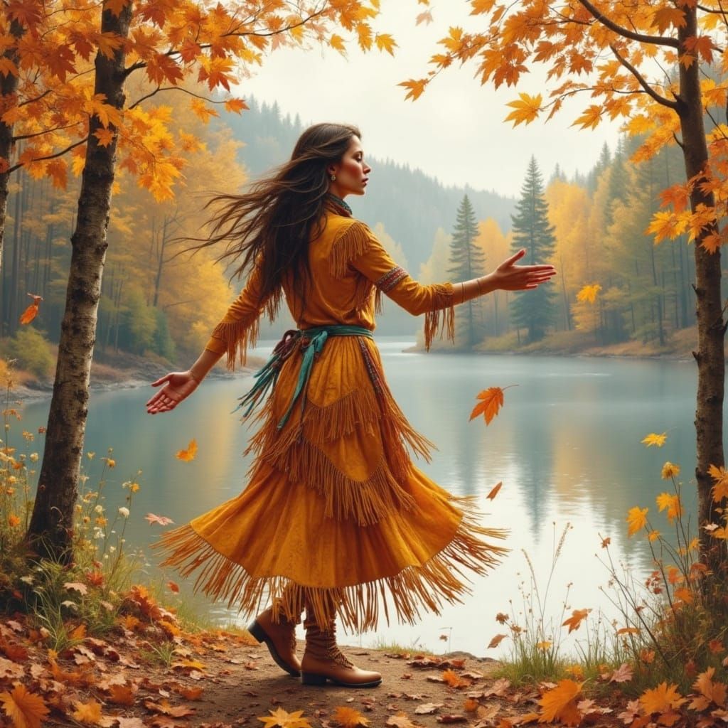 Native American Woman Dances Autumn Spirit by Lake