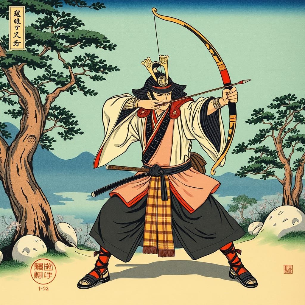 Samurai Archer in Ukiyo-e Style Landscape
