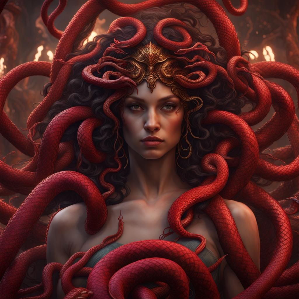 Intricate Embroidery of Medusa with Red Snakes