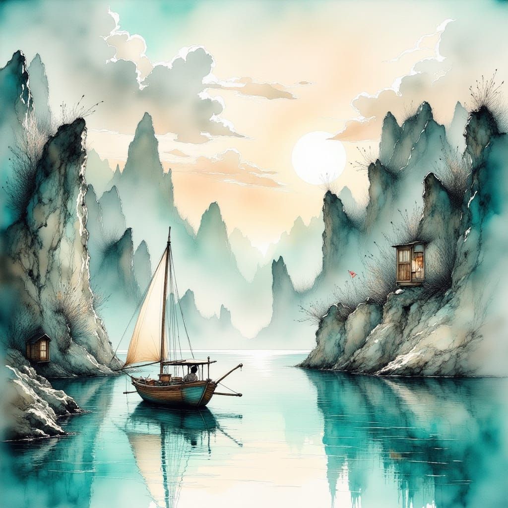 Serene Chinese Sea Landscape in Ink Style