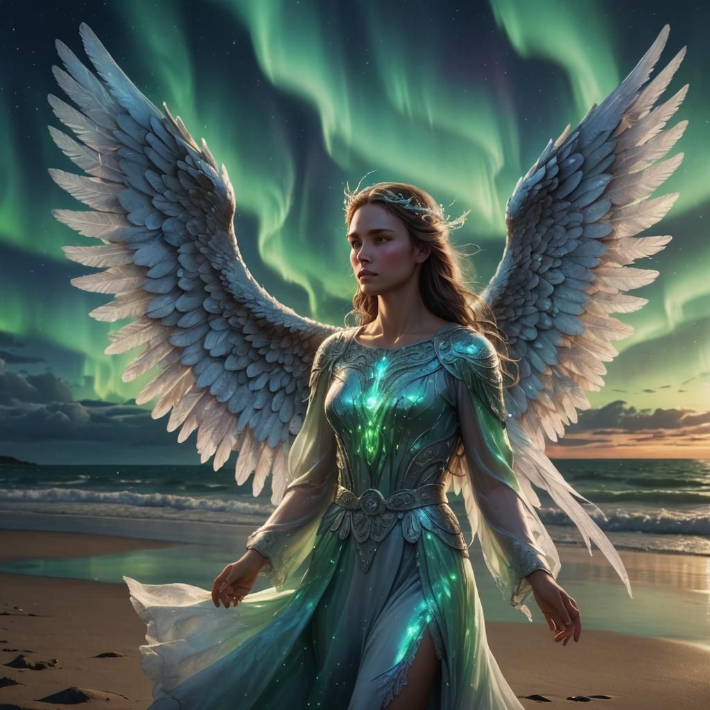 Angel on Beach Under Northern Lights