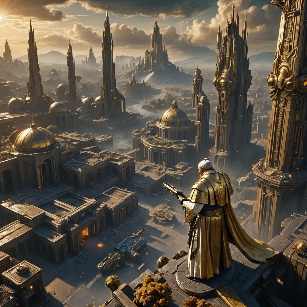 Pope with Futuristic Gun in Ruined Cityscape