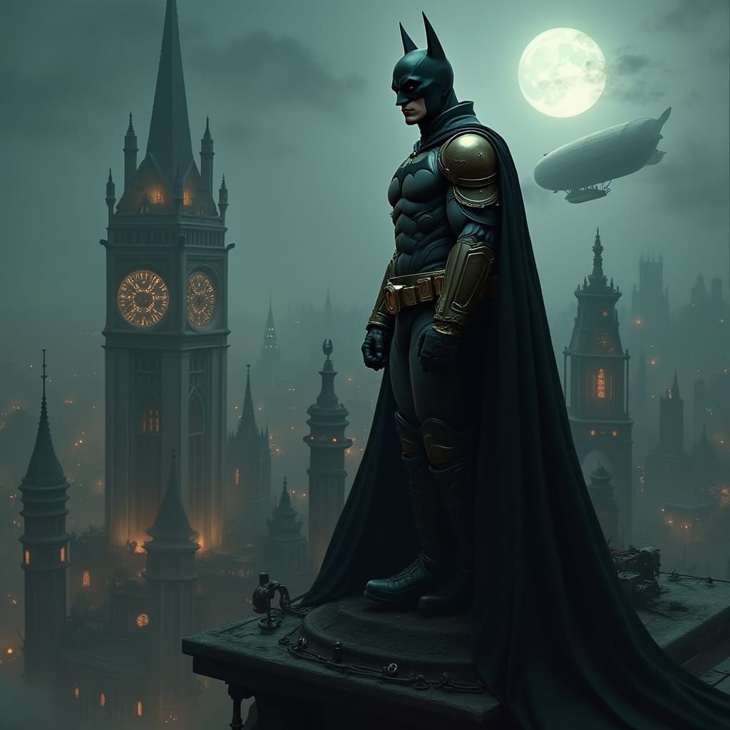 Steampunk Batman Overlooks Gothic Gotham City