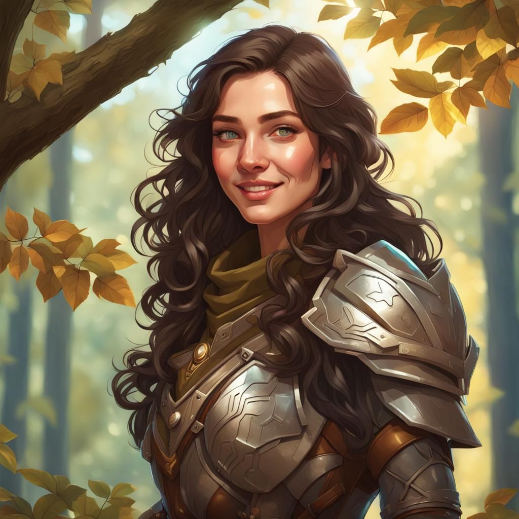 Smiling Ranger in Forest Sunlight: Digital Art Portrait