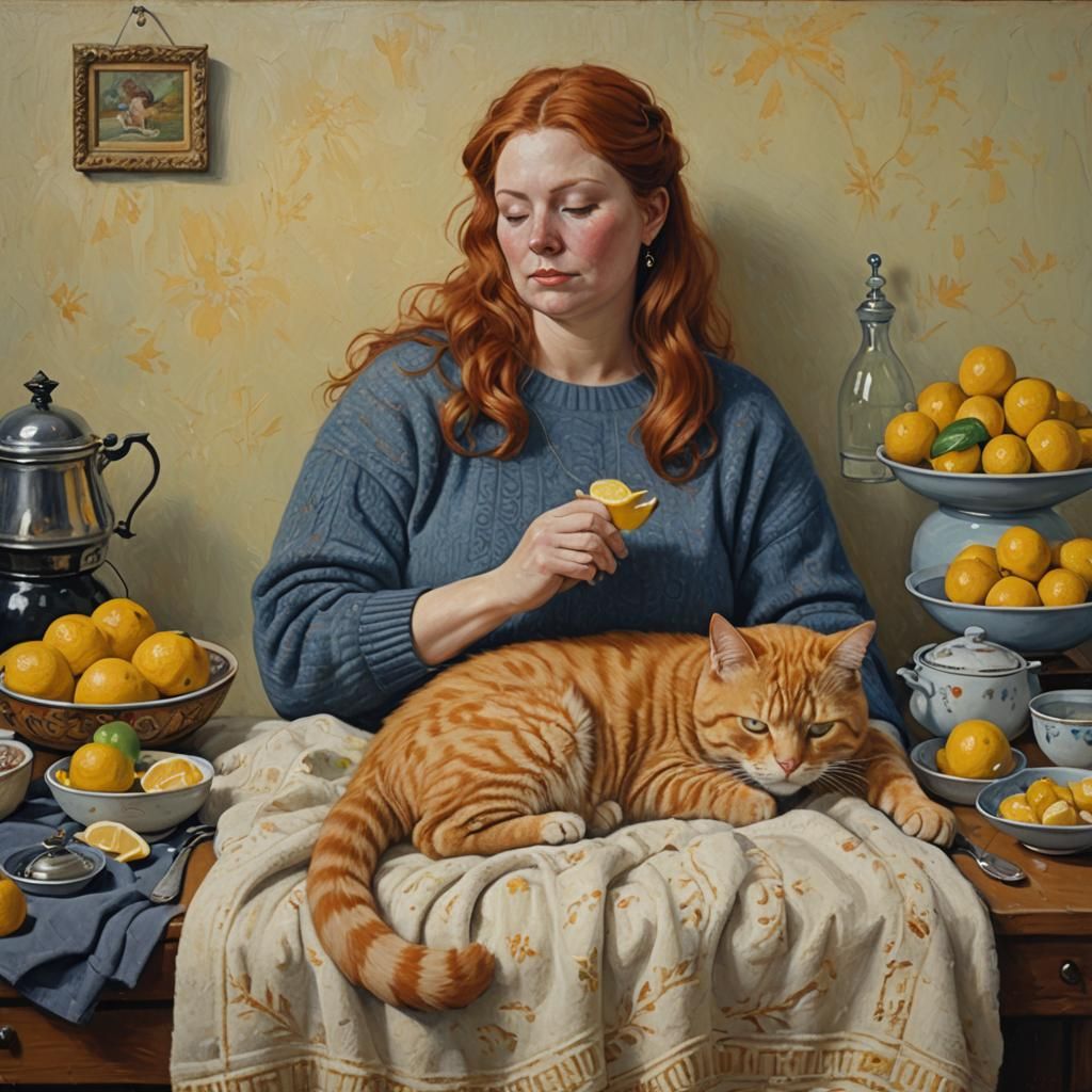 Curvy Woman with Ginger Cat in Oil Painting Style