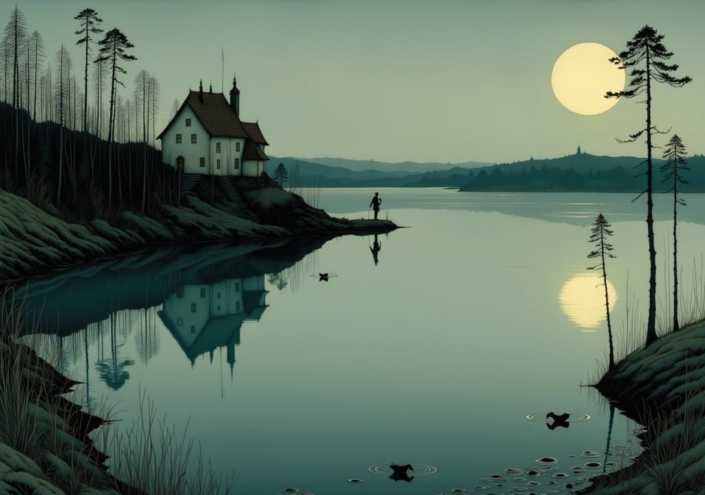 Sunset Reflection on Wide Lake with Fisherman