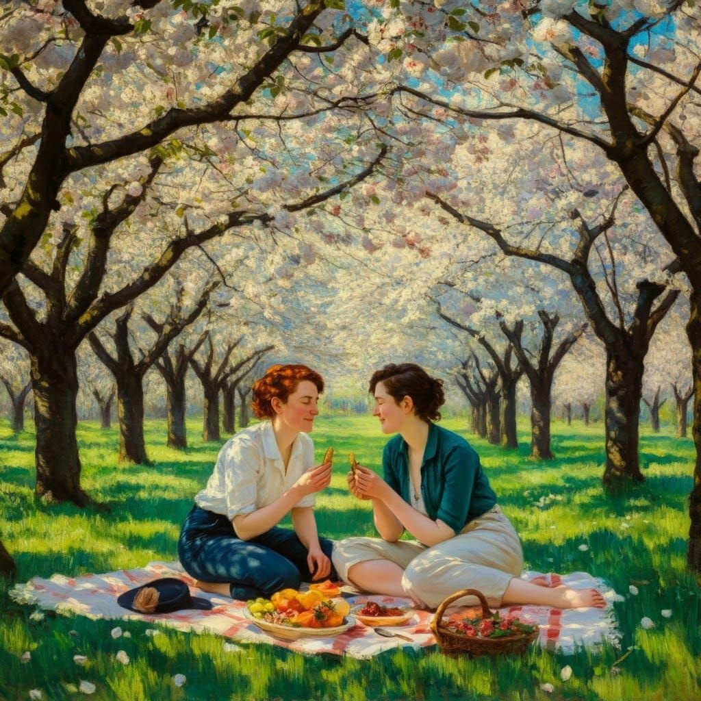 Art by Édouard Manet, amidst a blossoming cherry orchard, a ...