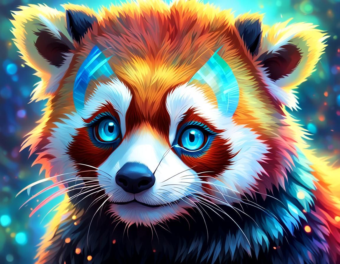 Enchanted Red Panda with Iridescent Horn
