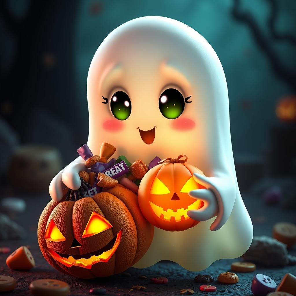 Cute Ghost with Jack-o'-Lantern: Fantasy Concept Art