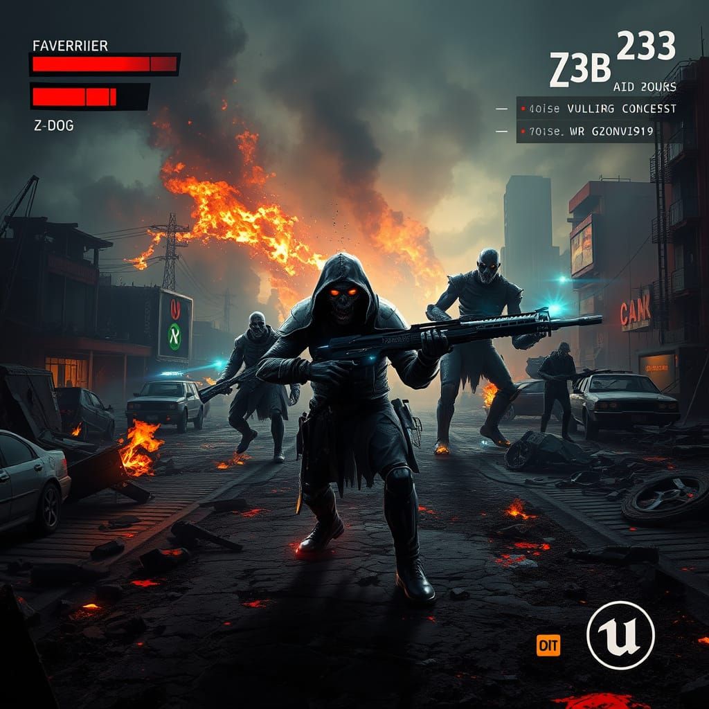 Post-Apocalyptic Cityscape in Ruins, with Zombie Warrior and...