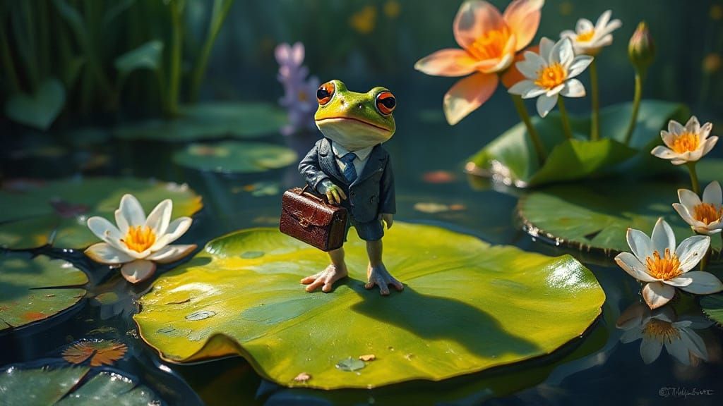 Bioluminescent Frog in Suit, Impressionist Gouache Painting