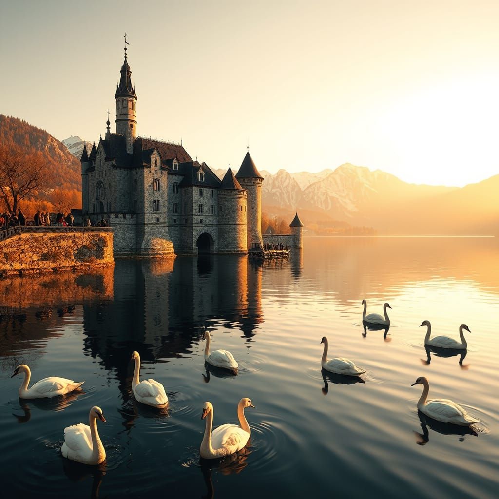 Medieval Castle on Lake Geneva at Sunset