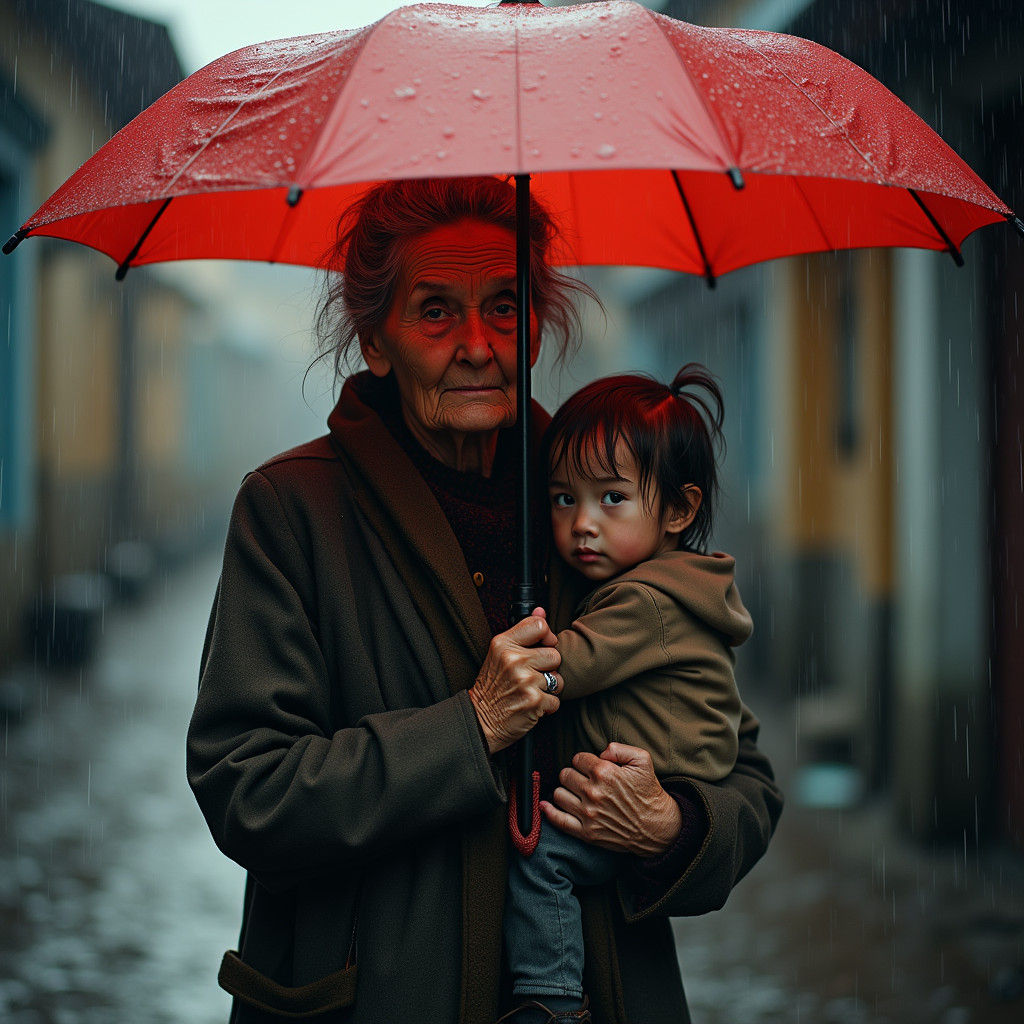 Elderly Woman Sheltering Child in Rainy Portrait