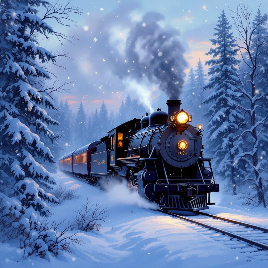 Warm Glowing Train in Snowy Forests Capturing Winter's Magic