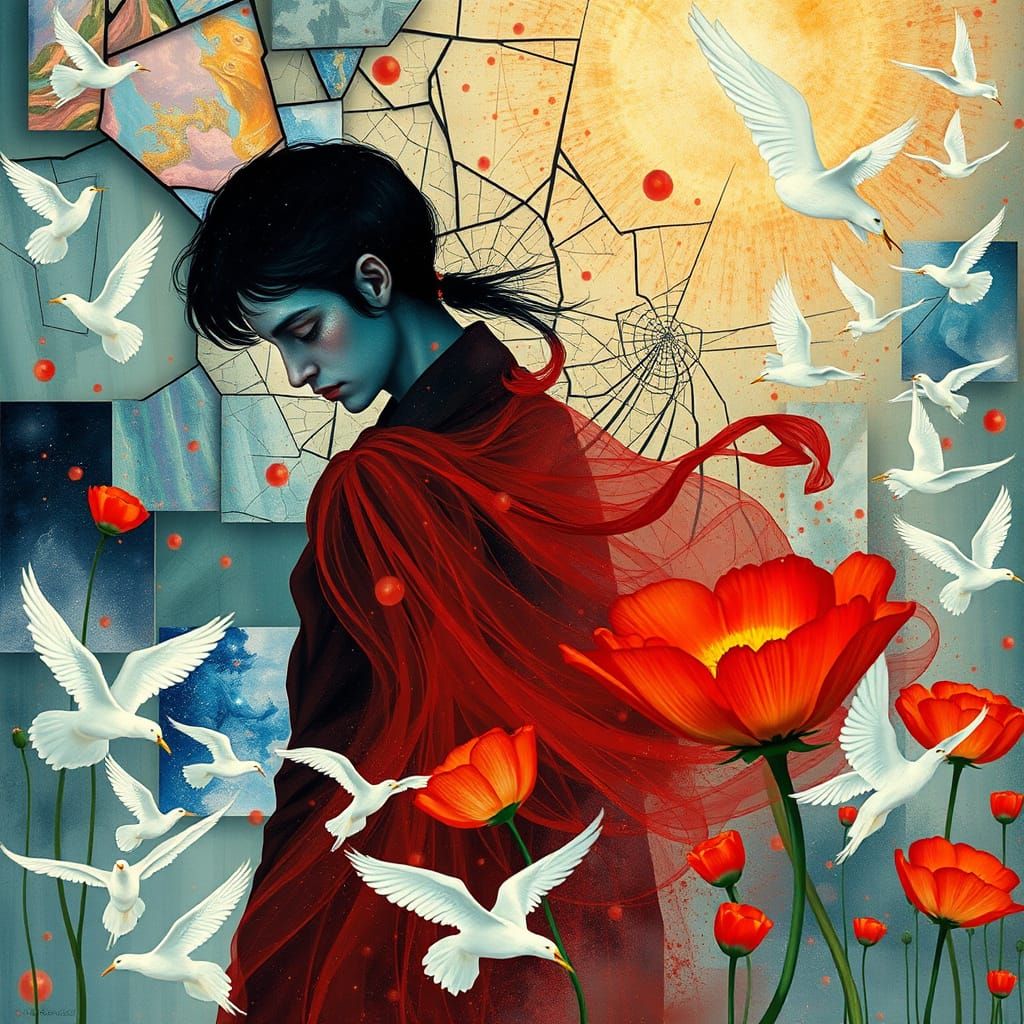 Surreal Floral Figure in Klimt-Inspired Dreamscape