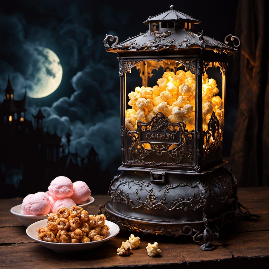 Vintage Circus Lantern Amidst Whimsical Treats in a Haunting...