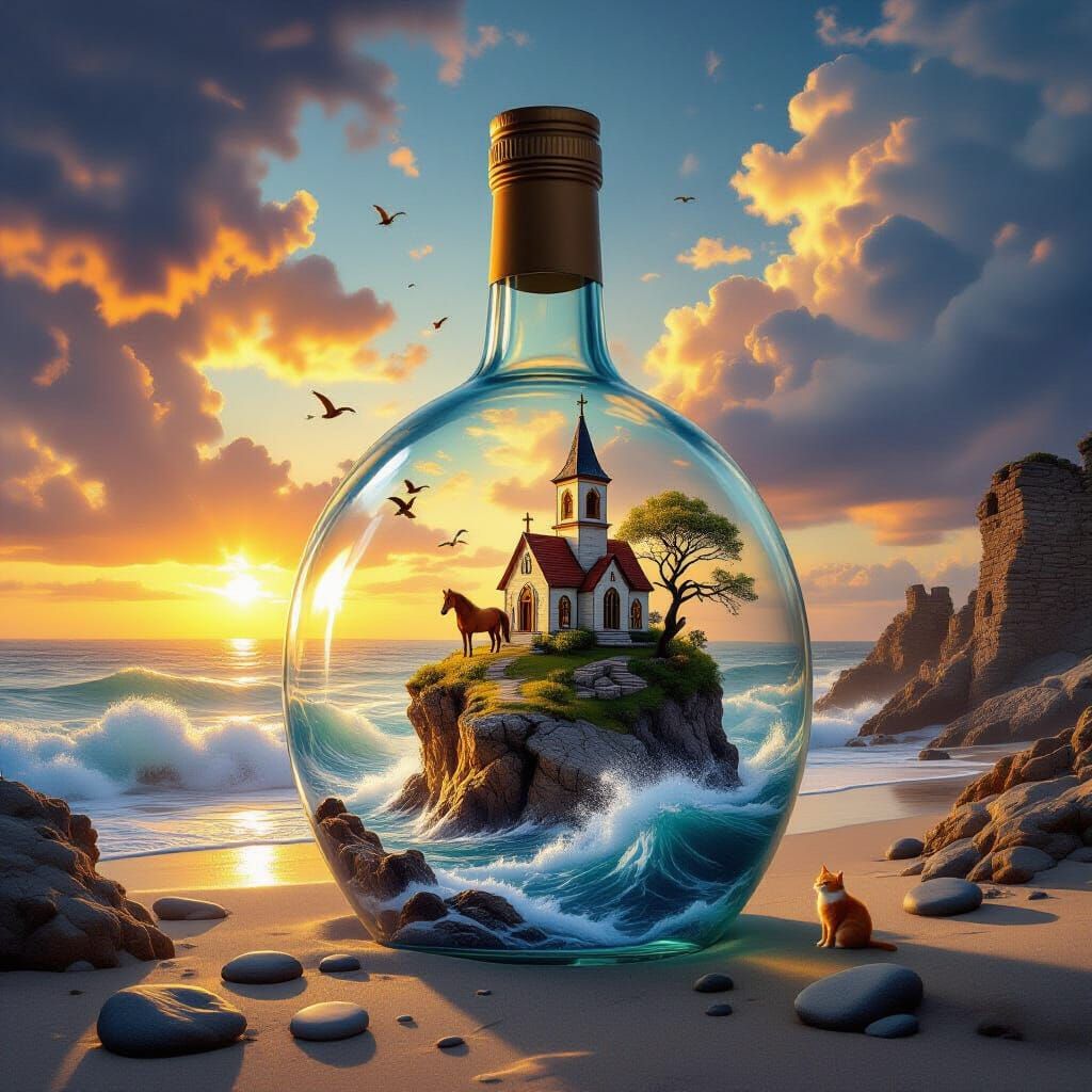 Miniature Church in a Bottle at Sunset