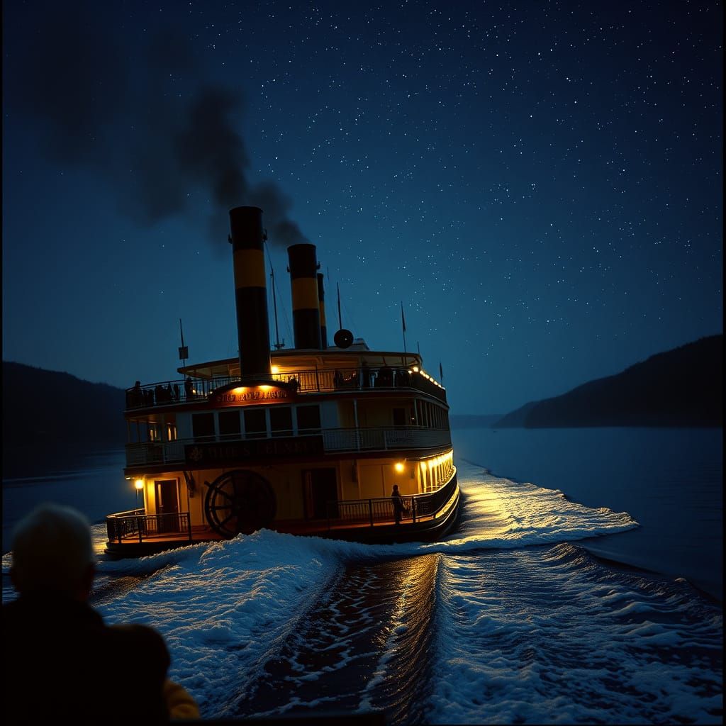 Majestic Paddle Steamer on Serene River at Night