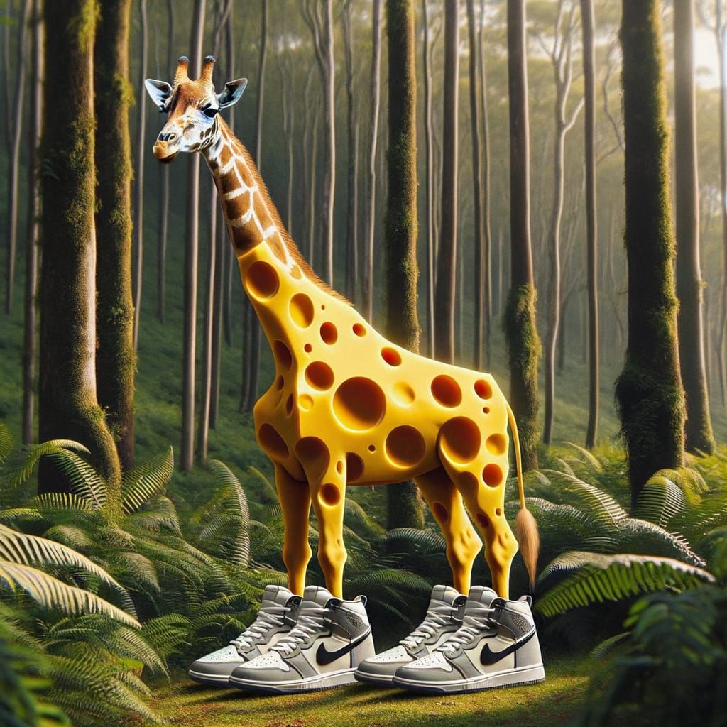 Cheese Giraffe in Sneakers in a Lush Forest