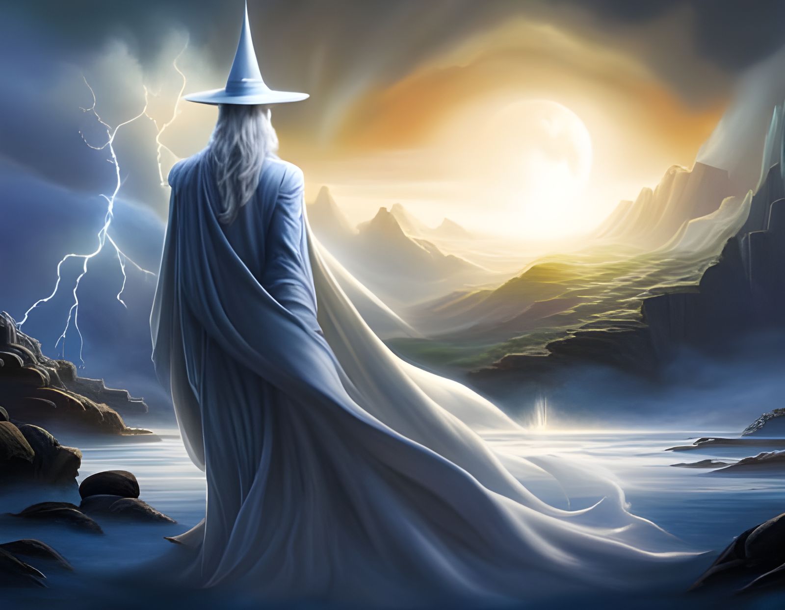 White Wizard in Fog with Lightning, Hyperrealistic 3D Art