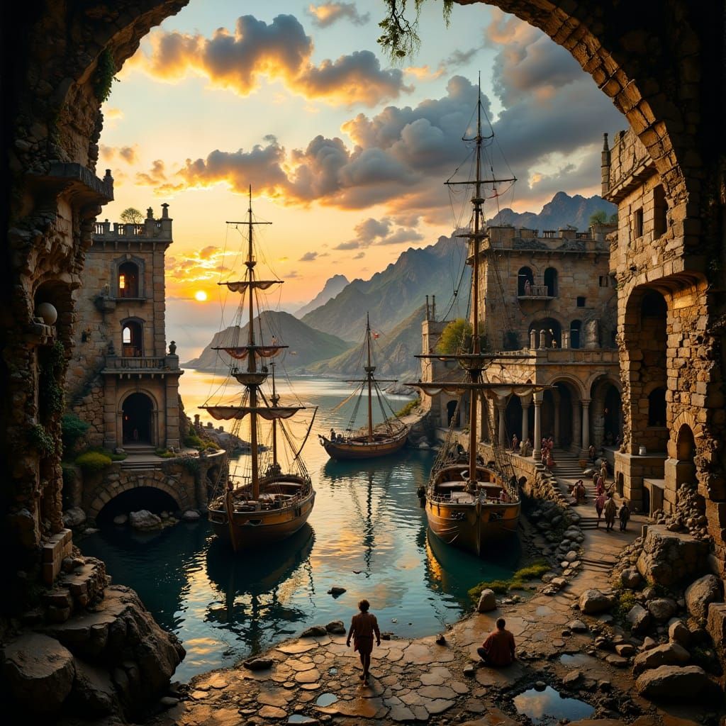 Ancient Harbor District at Sunrise: Ultra-Realistic Style