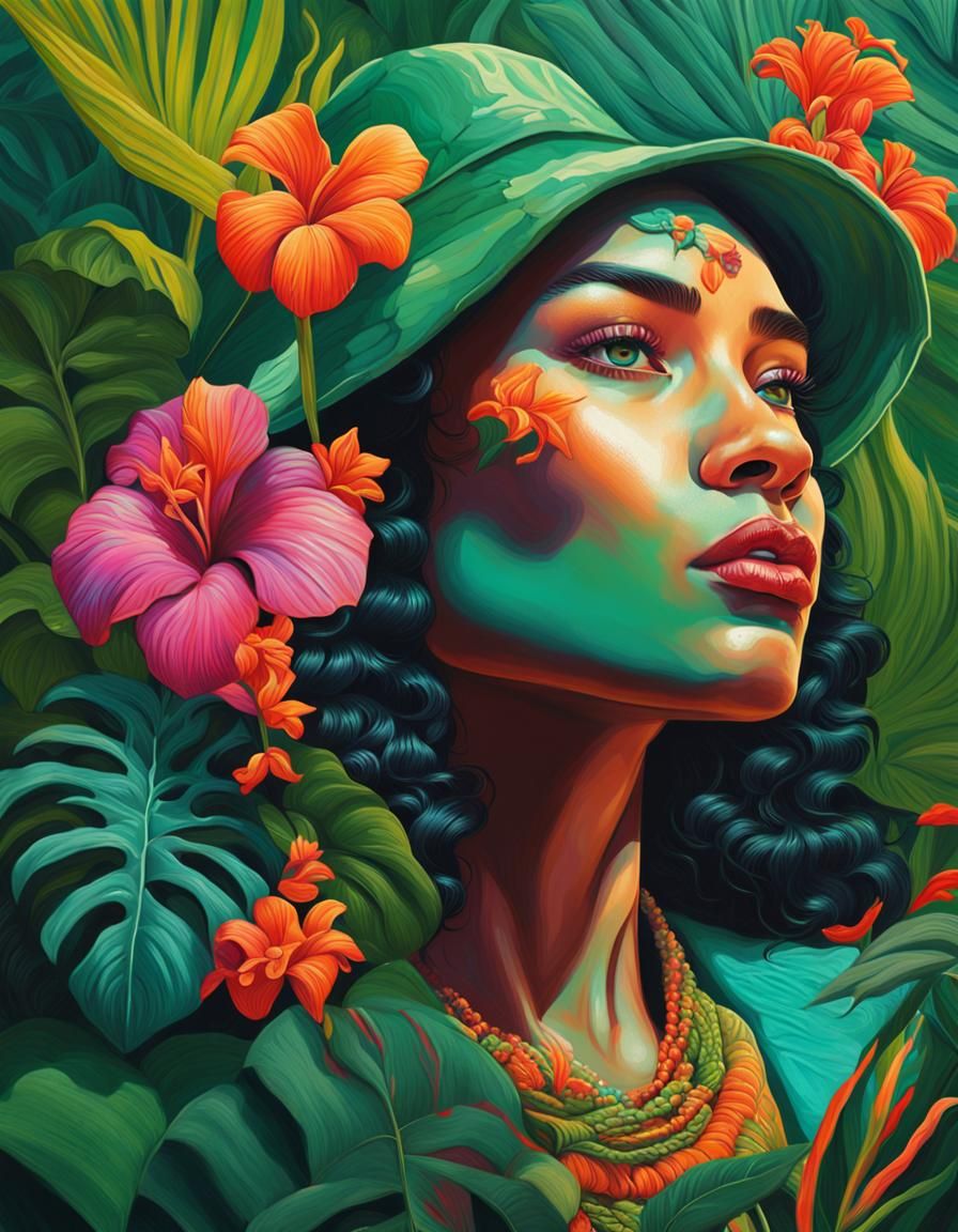 Tropical Flower Power Girl Portrait in Splash Art Style