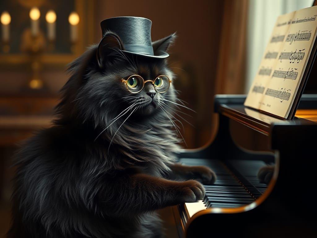 Cat at Piano: Hyperdetailed Portrait in Classical Style
