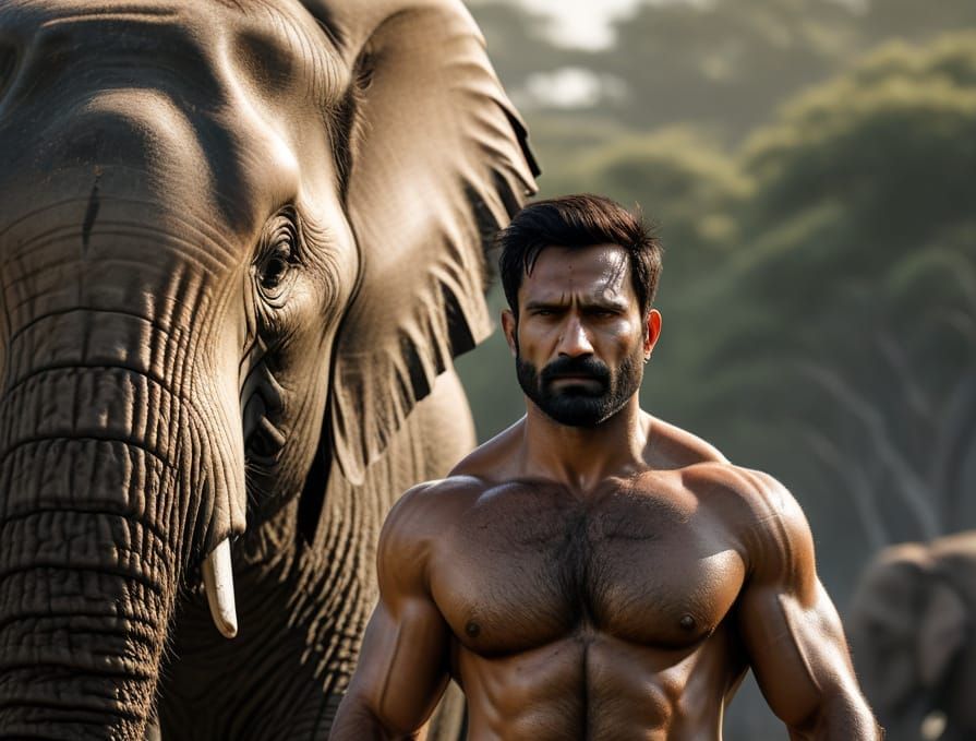 Muscular Man and Majestic Elephant in Natural Landscape