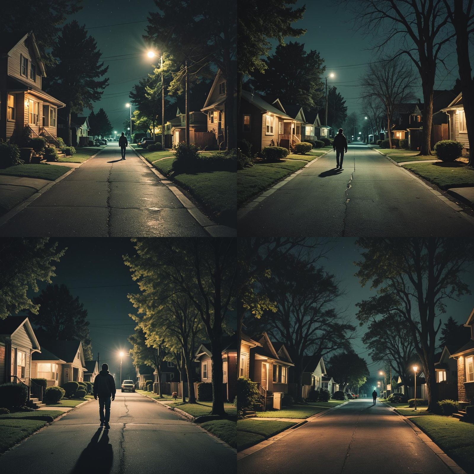Cinematic Suburban Street at Night with Figure